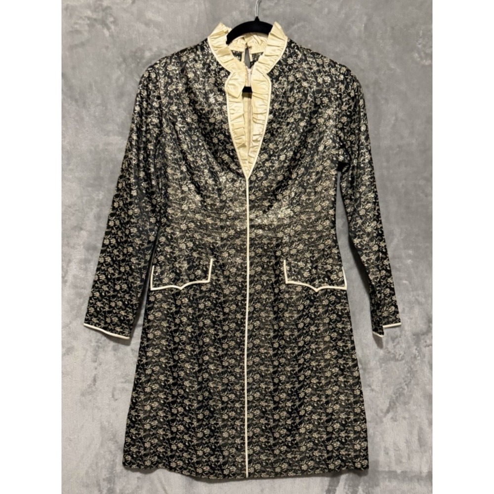 Alice Koza VTG XS Black Gold Floral‎ Brocade Ruffle Mini Dress Cocktail